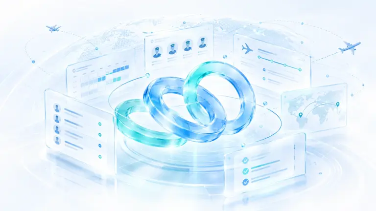 Abstract 3D graphic of interconnected Portside rings surrounded by digital UI modules for aviation crew staffing, flight scheduling, and global route tracking.