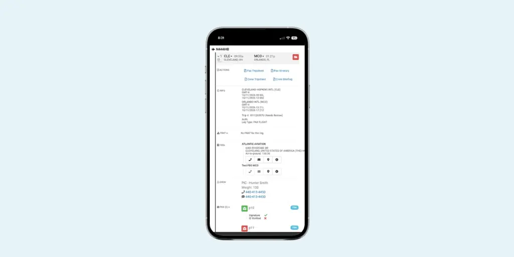 BART mobile application on a smartphone displaying flight leg details, FBO info, crew contacts, and passenger verification.