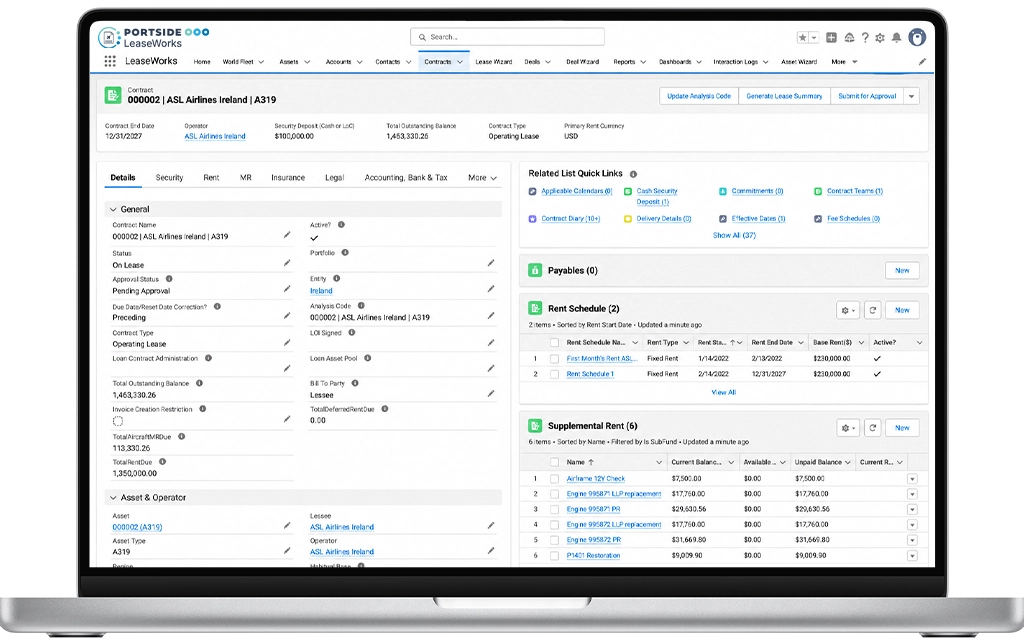 LeaseWorks software interface on a laptop displaying aircraft lease contract details, rent schedules, and asset management.