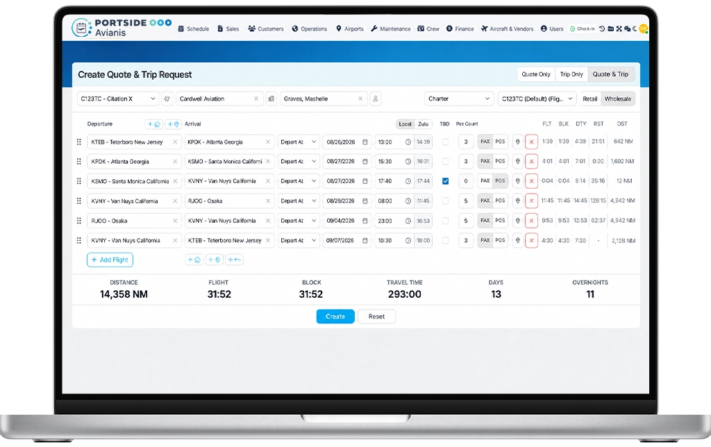 Avianis software interface on a laptop displaying the quote and trip request creation tool with multi-leg flight itineraries.