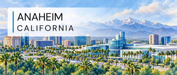 Anaheim, California skyline with palm trees and mountains in the background.