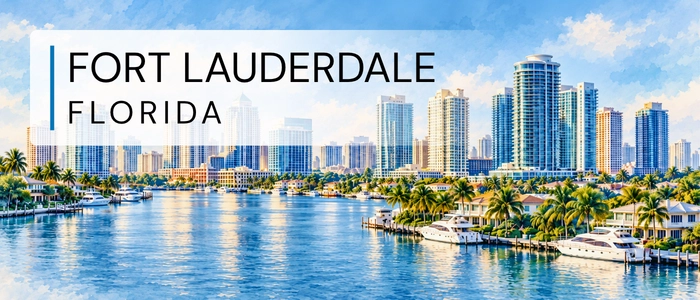 Fort Lauderdale, Florida waterfront skyline with boats and palm trees.