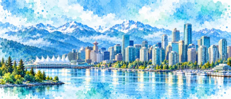 Watercolor of Vancouver skyline, waterfront, and Canada Place against mountains.