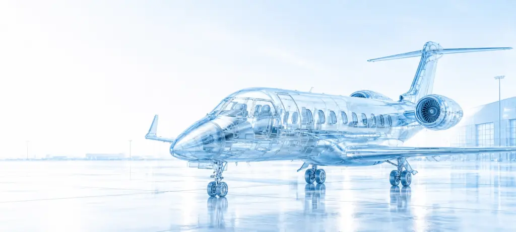 Wireframe illustration of a charter business jet on an airport apron with visible interior seating.