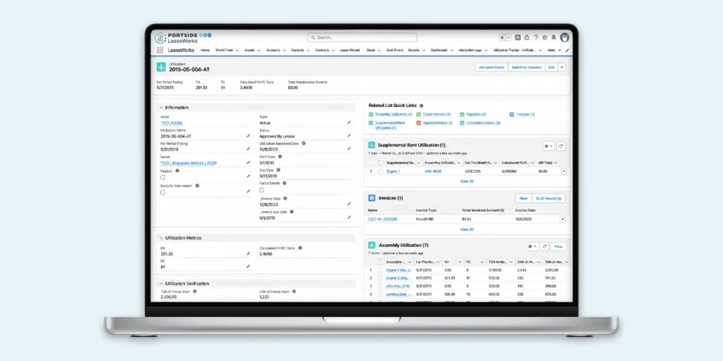 LeaseWorks software interface on a laptop displaying aircraft flight hours, flight cycles, and assembly utilization metrics.