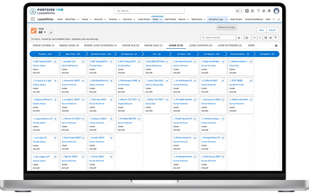 LeaseWorks software interface on a laptop displaying the aircraft deal pipeline and lease management CRM.
