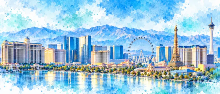 Watercolor of Las Vegas Strip skyline with High Roller, Eiffel Tower replica, and mountains.
