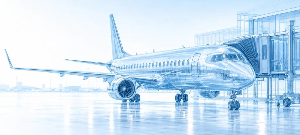 Wireframe illustration of a regional airliner docked at an airport terminal jetway.
