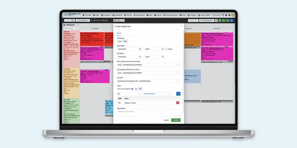 Avianis software interface on a laptop displaying automated event scheduling and aircraft timeline management.